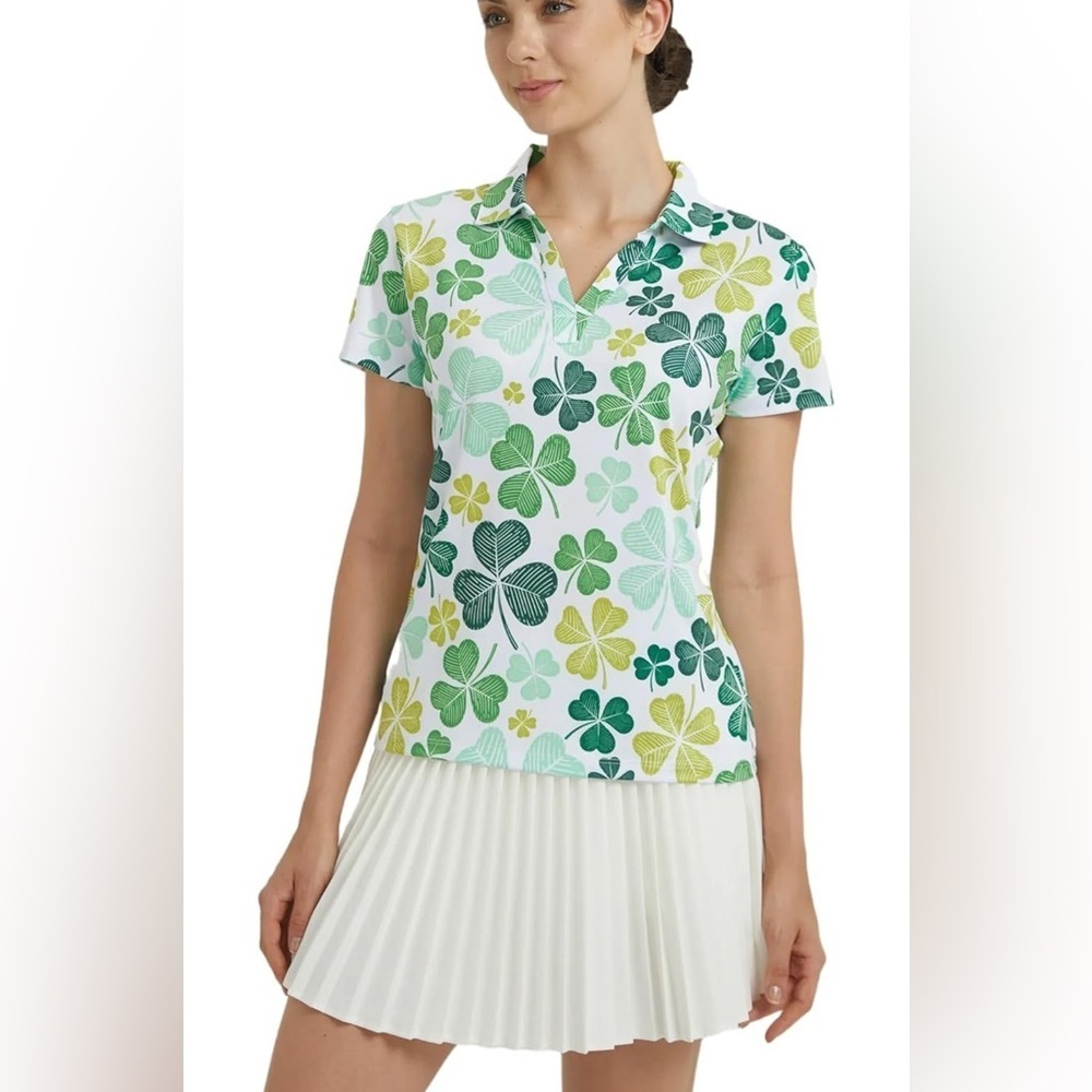 Sporty Buff Short Sleeve V-Neck Golf Polo Shirts Comfy Collared Clover - Picture 5 of 8